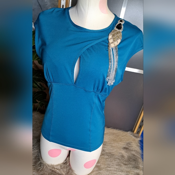 DEADSTOCK • Moda International • Vintage 90s Beaded Keyhole Stretch Blouse [M] - Picture 3 of 16